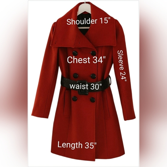 Preppy Retro Hipster Red Wool Small Baddie Holiday Midi Pea Coat - Picture 7 of 11